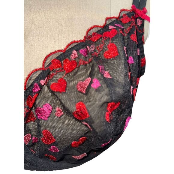 Cacique Unlined Balconette Bra 42DD Black Sheer Embroidered Hearts - Picture 6 of 12